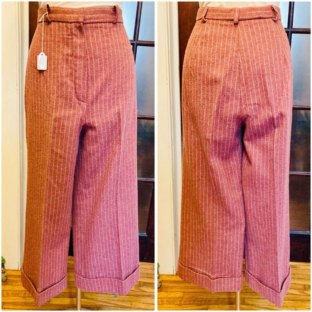 1970s Mauve Pinstripe Bell Bottoms Wide Leg Trousers Cropped Disco Hippie Glam